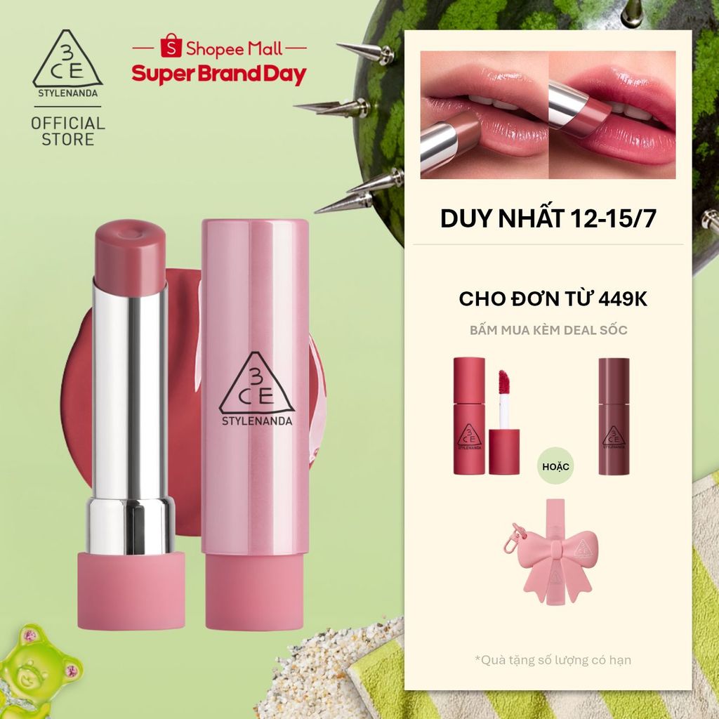 Son Bóng 3CE Glazy Lip Glow Dưỡng Môi Căng Mọng, Mềm Mịn, Lên Màu Chuẩn Sắc, Không Bết Dính, Tự Nhiên