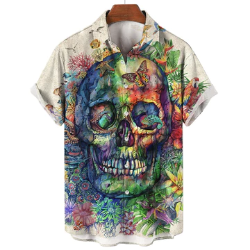Đầu Lâu Áo Sơ Mi Nam Dạo Phố Bông Tai Kẹp Quần Áo Nam Áo Gothic Tay Ngắn Áo Thun Vintage Thời Trang Nút Áo Sơ Mi Nam Camisa