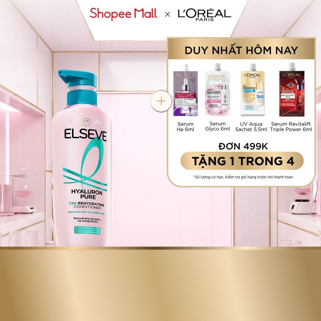 Dầu xả nhẹ bồng mái tóc 72H Elseve HA Pure cho da đầu dầu hoặc Moist cho da đầu khô 375ML
