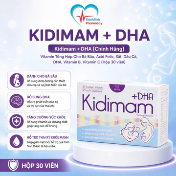 Kidimam+DHA , Vitamin Tổng Hợp Cho Bà Bầu, Acid Folic, Sắt, Dầu Cá, DHA, Vitamin B, Vitamin C (Hộp 30 viên)