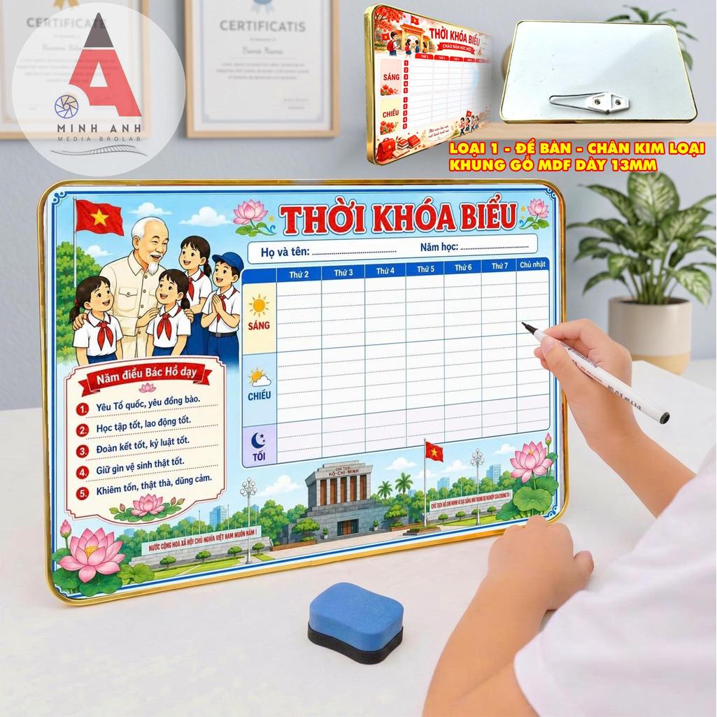 Khung gỗ thời khóa biểu vĩnh cửu l MINH ANH MEDIA - Tặng bút xóa được - Bo viền vàng cao cấp - chân để bàn kim loại