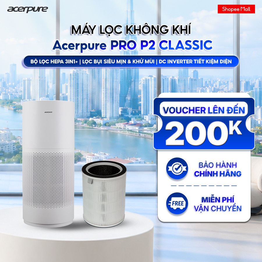 Máy lọc không khí Acerpure PRO P2 Classic bộ lọc HEPA 3 lớp lọc bụi mịn PM2.5 45m2 - BH 12 tháng