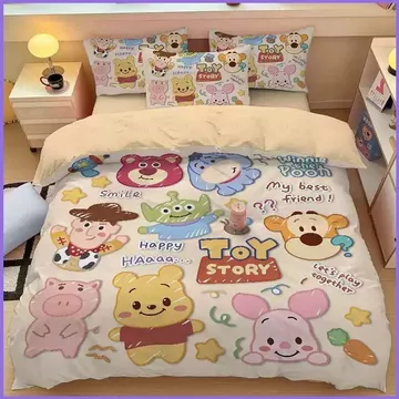 QL3 Winnie the pooh 3IN1 Ga trải giường Chăn gối Bộ chăn ga gối Bộ chăn ga gối Phòng ngủ gia đình Bộ đồ Anime có thể giặt được