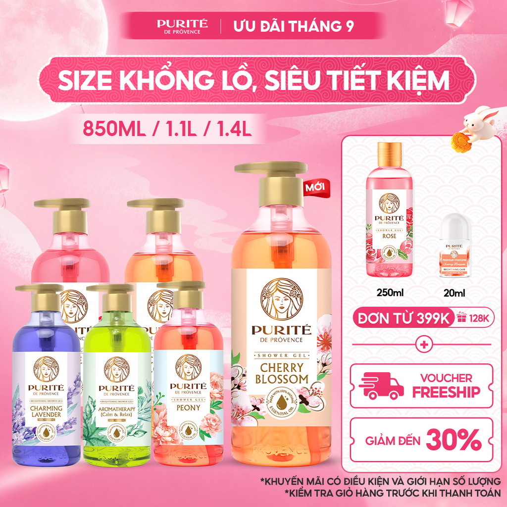 [CÓ SIZE KHỔNG LỒ 1.4L] Sữa Tắm PURITE Hoa Anh Đào/Hoa Hồng/Hoa Oải Hương/Hoa Mẫu Đơn/Tinh Dầu Thơm 850ML/ 1.1L/ 1.4L
