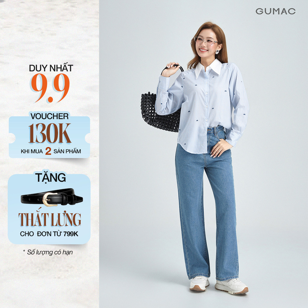 Quần Jeans Nữ Dáng Suông Vừa GUMAC Màu Xanh Đậm Tôn Dáng Chất Jeans Mềm Đứng Form LQJE1109