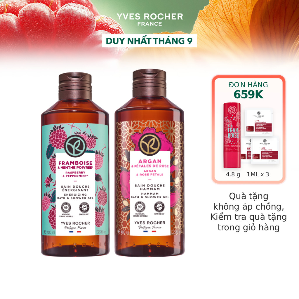 Combo 2 sữa tắm hương mâm xôi đỏ và hương hoa hồng - tinh dầu argan Yves Rocher 400mlx2
