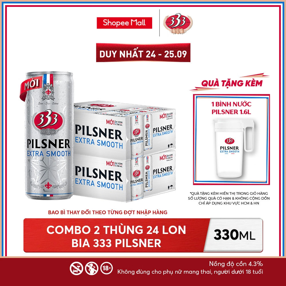 Nồng Độ Cồn 4.3% - Combo 2 Thùng 24 Lon Bia 333 Pilsner 330ml