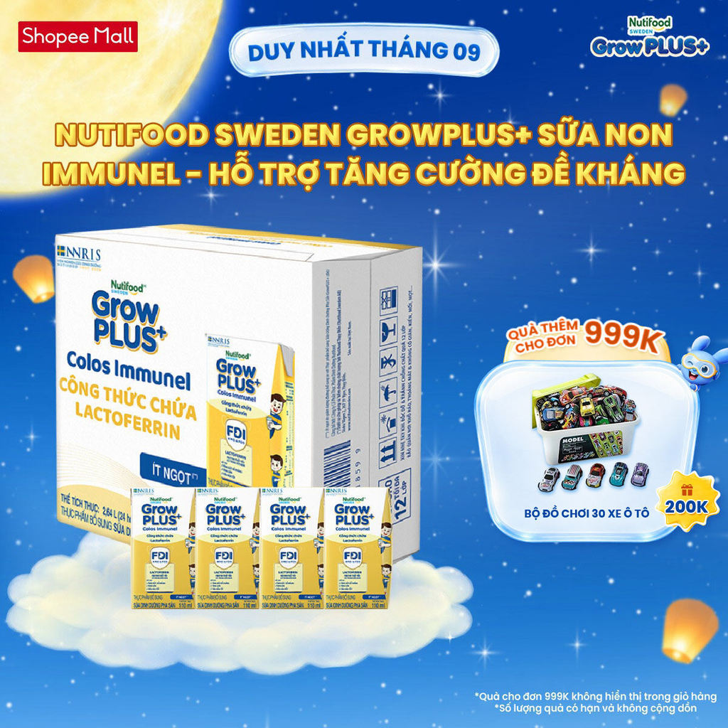 Thùng 24 hộp Sữa Bột Pha Sẵn Nutifood Sweden GrowPLUS+ Sữa Non Immunel (24 hộp x 110 ml) (Bao bì tuỳ lô hàng)