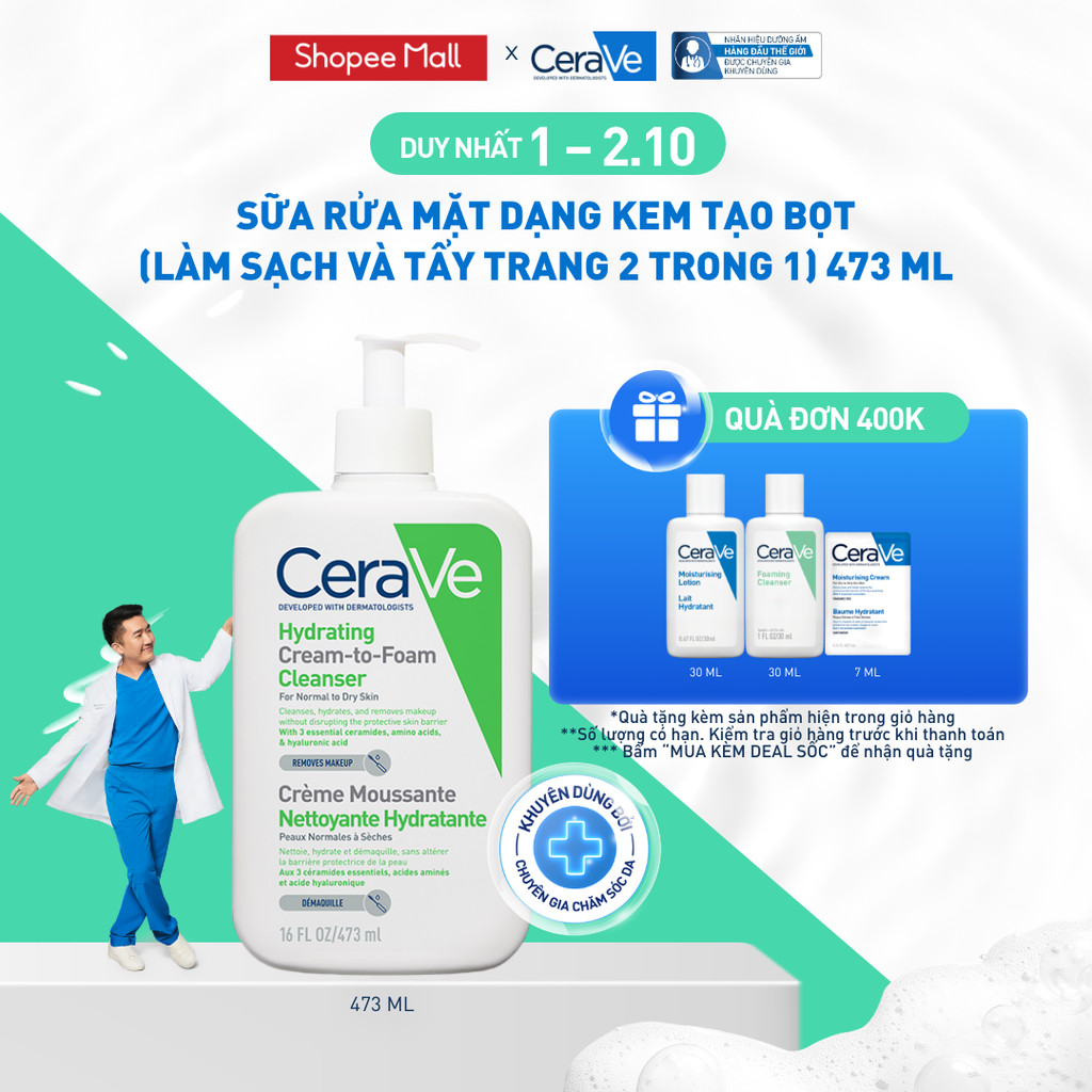 Sữa rửa mặt dạng kem tạo bọt (làm sạch và tẩy trang 2 trong 1) Hydrating Cream-to-Foam Cleanser 473ml