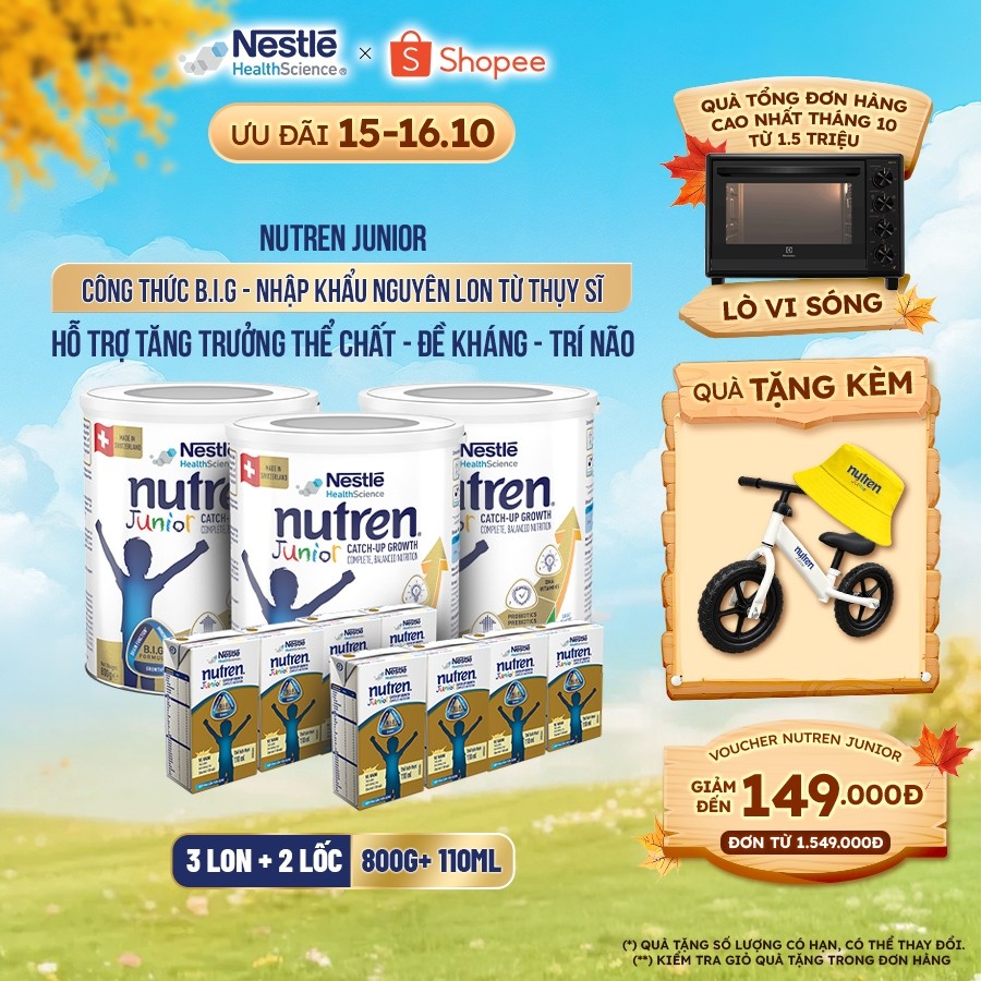 Bộ 3 Sữa Bột NESTLÉ NUTREN JUNIOR Thụy Sĩ Với Công Thức BIG Hỗ Trợ Tăng Trưởng Cho Bé 800G+2 Lốc 4 hộp sữa pha sẵn 110ML