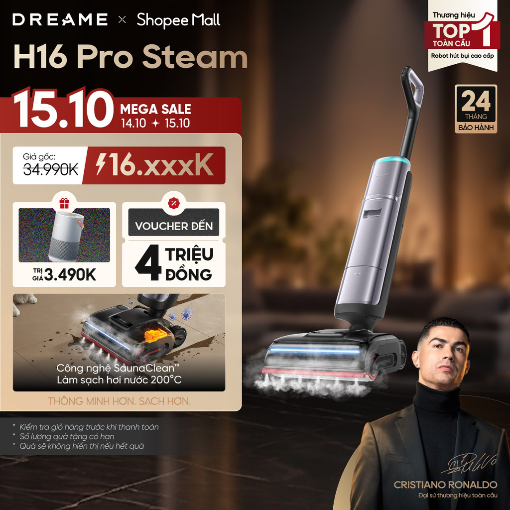Dreame H16 Pro Steam Máy hút bụi lau sàn không dây | Lực hút 28.000 Pa | Lau sàn hơi nước 200℃ | BH 24 tháng