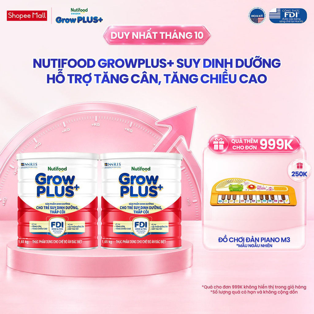 Combo 2 Sữa bột Nutifood GrowPLUS+ Suy Dinh Dưỡng (Đỏ) 1+ - Tăng Cân, Tăng Chiều Cao (2 Lon 1,65 Kg)