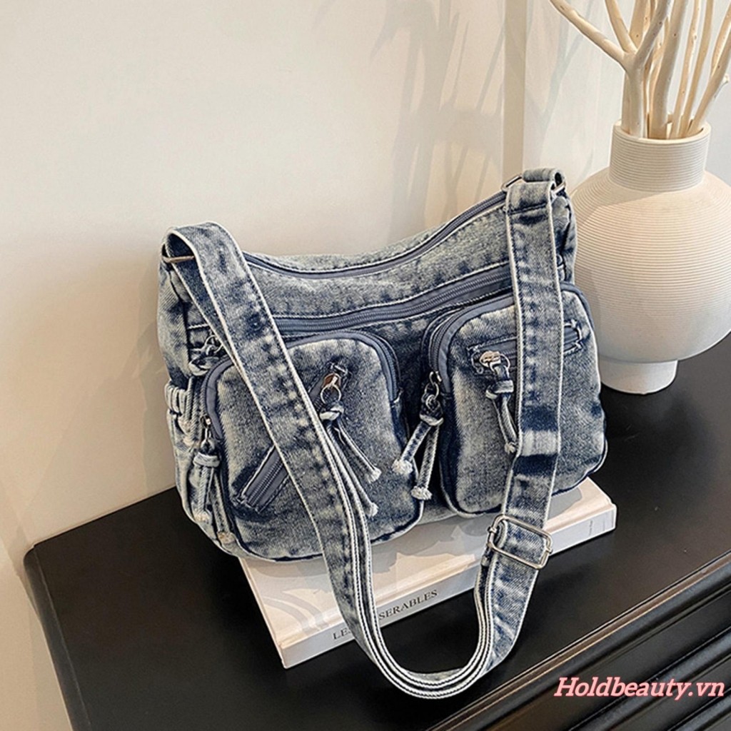 Túi đeo chéo Denim dung tích lớn với nhiều túi có khóa kéo và dây đeo có thể điều chỉnh Túi đeo vai Jean hợp thời trang dành cho nữ
