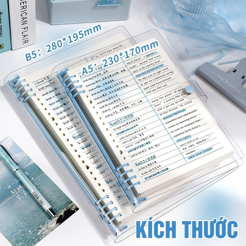 Sổ Tay Binder A5 Thay Giấy – Bìa Nhựa Dẻo Trong Suốt, 120 Trang Kẻ Ngang Caro, Phù Hợp Ghi Chép Học Tập
