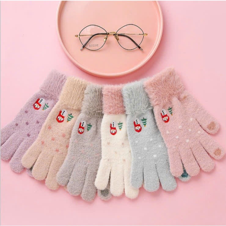 Găng tay len lông cừu mềm mại họa tiết thêu người tuyết cây thông Noel viền cổ tay