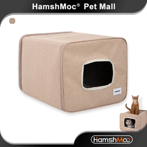 HamshMoc Giường Thú Cưng Hai Chiều Sử Dụng Khung Có Cấu Trúc Vải Lanh Giả Đa Mèo Thoải Mái