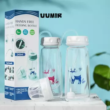UUMIR Bình sữa rảnh tay, 8oz / 240ml kèm Bộ bình sữa cọ rơm, Bình trữ sữa bóng trọng lực tự ăn cổ bình thường cho bé từ 3 tháng tuổi trở lên