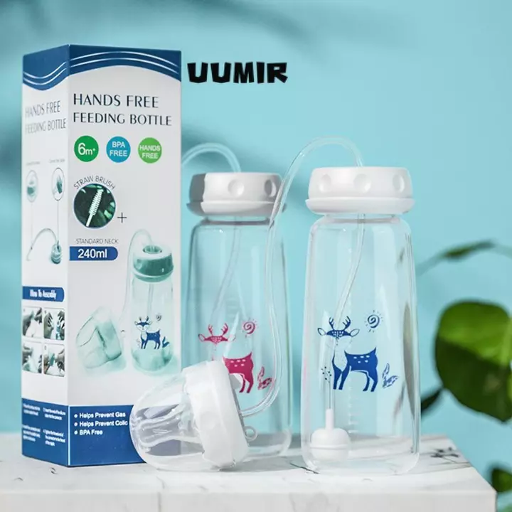 UUMIR Bình sữa rảnh tay, 8oz / 240ml kèm Bộ bình sữa cọ rơm, Bình trữ sữa bóng trọng lực tự ăn cổ bình thường cho bé từ 3 tháng tuổi trở lên