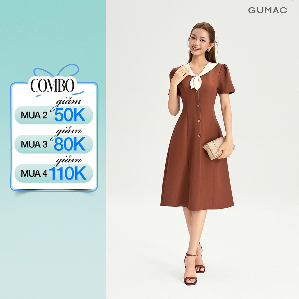 Đầm Chữ A Nữ GUMAC Váy Công Sở Dáng Xòe Cổ V Phối Bâu Đính Hoa Nút Gỗ Vintage Tôn Dáng LDG0304