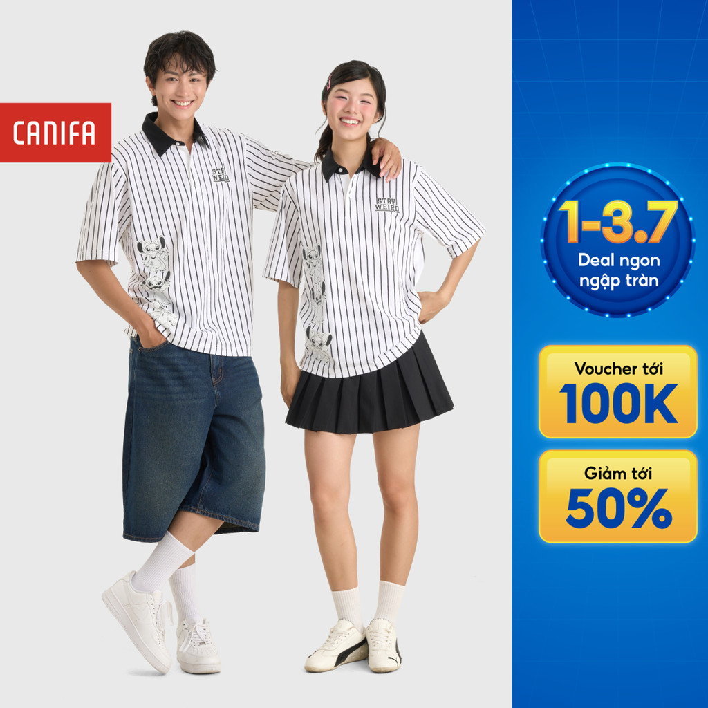 Áo polo unisex nam nữ CANIFA oversize cổ bẻ cộc tay họa tiết kẻ sọc in hình Stitch 5TP26C001