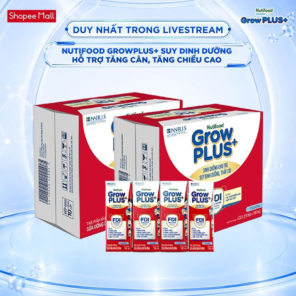 [Livestream Hannah Olala] Combo 2 Thùng 24 SBPS Nutifood GrowPLUS+ Suy Dinh Dưỡng Ít đường 180ml (Bao bì tùy lô hàng)