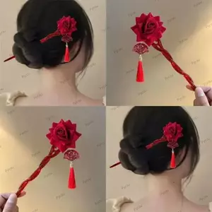Kẹp Tóc Cổ PYCOU, Que Tóc Tua Rua Đỏ, Retro Có Quạt Đỏ Hoa Hồng Nĩa Tóc Phụ Kiện Tóc