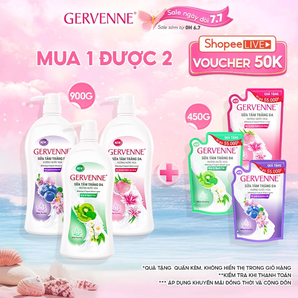 [TẶNG TÚI 450G] Sữa tắm trắng da hương nước hoa Gervenne 900G (mùi ngẫu nhiên)
