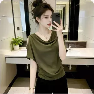 Mùa hè 2026 Áo thun ngắn tay hở vai Thiết kế thích hợp Slim-Fit Che thịt