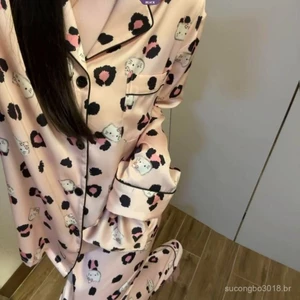 Bộ đồ ngủ mùa xuân thu Hello Kitty dành cho nữ | Đồ ngủ dài tay dễ thương Ice Silk
