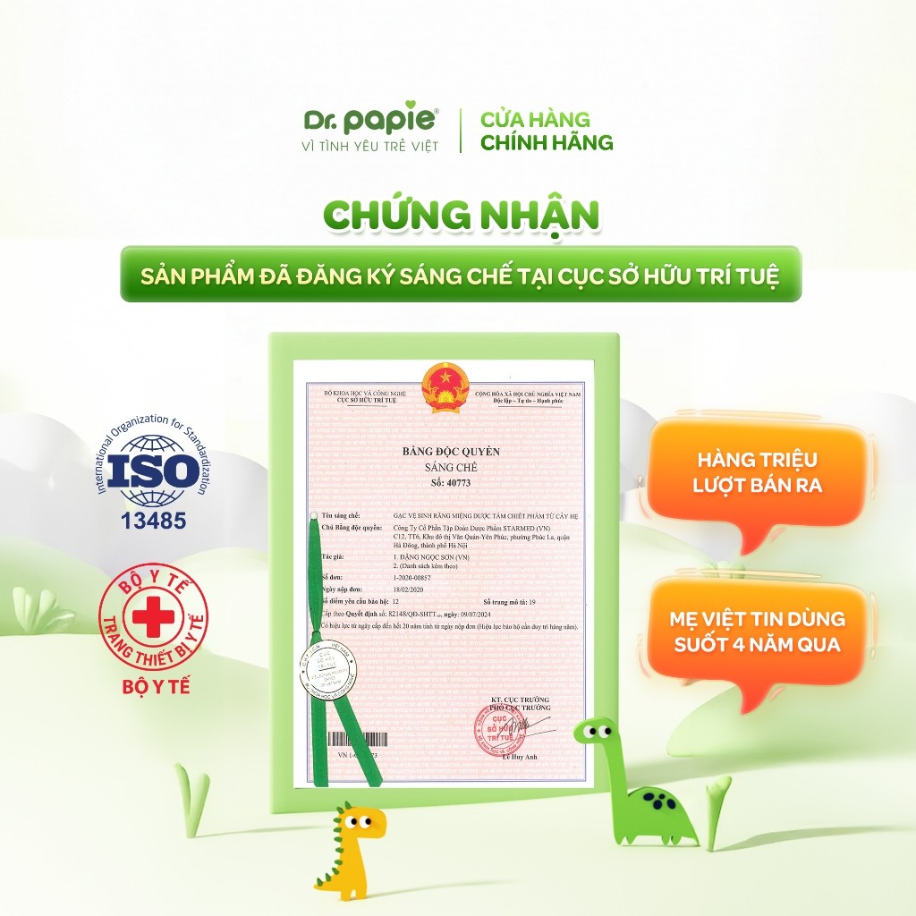 Combo 4 Gạc Rơ Lưỡi Làm Sạch Răng Lưỡi Nướu Công Thức Sáng Chế Độc Quyền Dr.Papie 0+ Ngừa Tưa Lưỡi Nấm Miệng