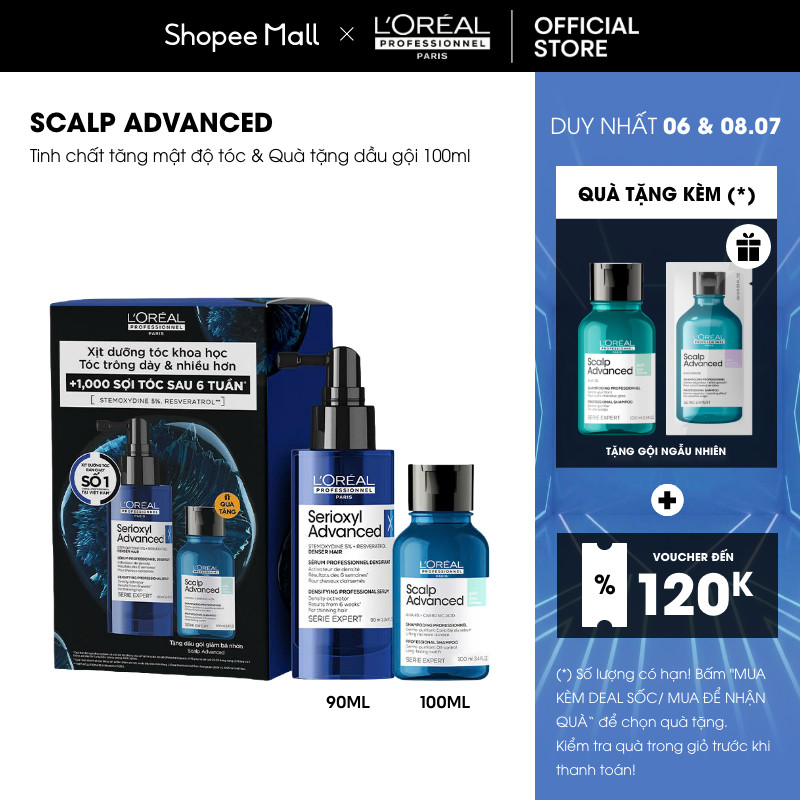 Combo Tinh chất tăng mật độ tóc Serioxyl Advanced 90ml & Dầu gội giảm bết dầu da đầu Scalp Advanced 100ml