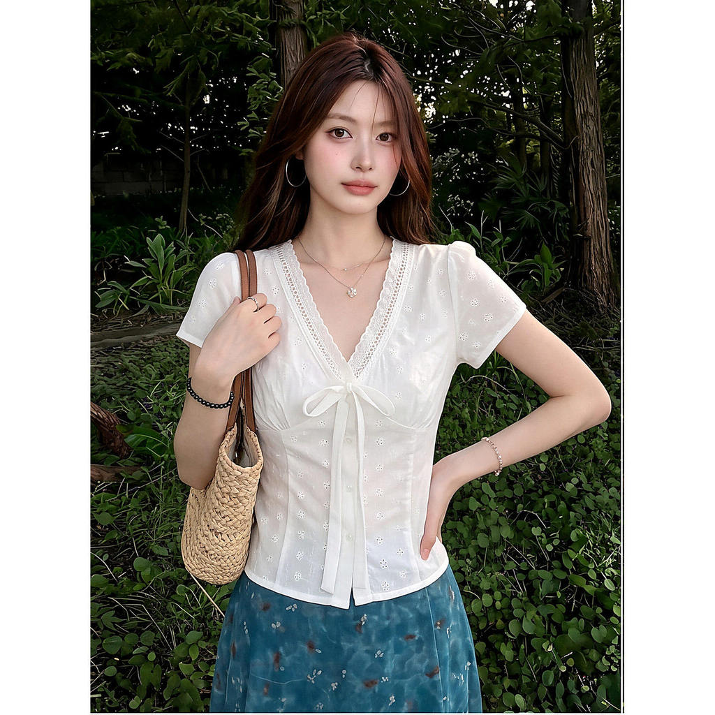 SUXI Áo sơ mi ngắn tay Cotton nguyên chất nhẹ nhàng mùa hè mới dành cho nữ 260803