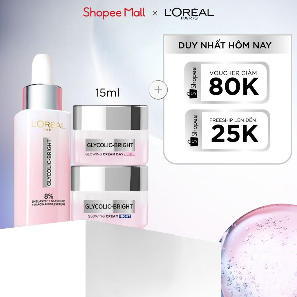 Bộ Serum Glycolic Melasyl 8% [Melasyl+Glycolic+Niacinamide] 30ml & Kem dưỡng ngày đêm mờ thâm nám L’Oreal Paris Glycolic