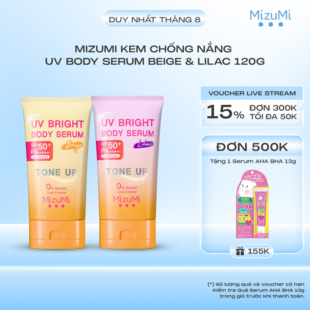 Kem chống nắng nâng tone MizuMi UV Bright Body Serum Tone Up Beige/ Lilac 120 ml
