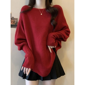 áo len nữ áo len đỏ Áo len dệt kim màu đỏ cao cấp dành cho nữ Thu Đông Plus Size Fat MM Không đều dáng rộng tay áo cho dơi Áo khoác