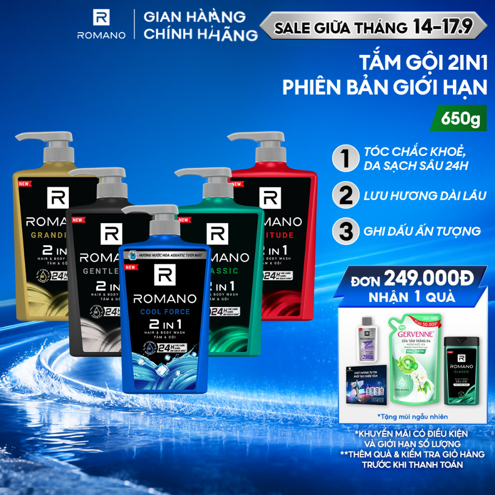 [SVIP] Tắm gội cho nam 2 trong 1 hương Nước hoa nam Romano 2in1 650g/chai