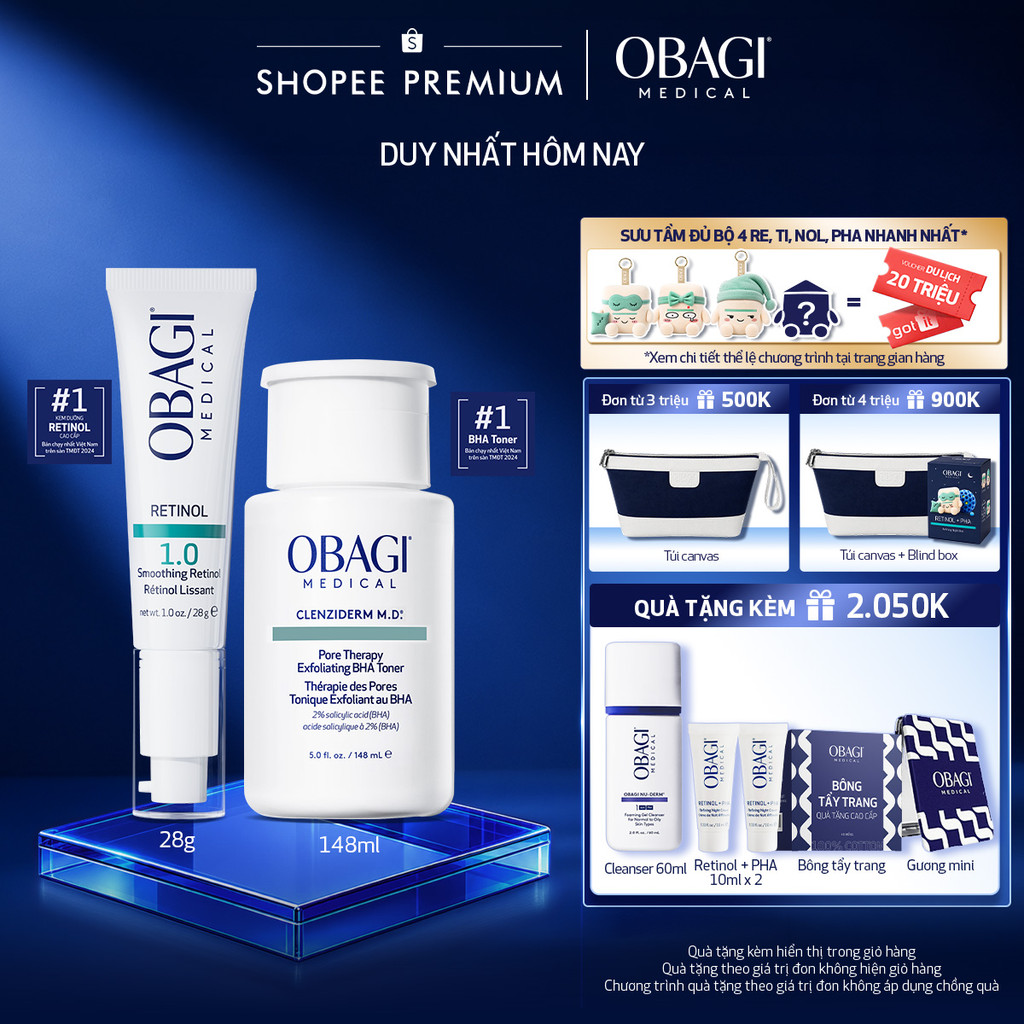 Bộ đôi dưỡng da Toner BHA Giảm Mụn Obagi Clenziderm M.D 148ml và Kem Dưỡng Đêm Obagi Retinol 1.0 (28g)
