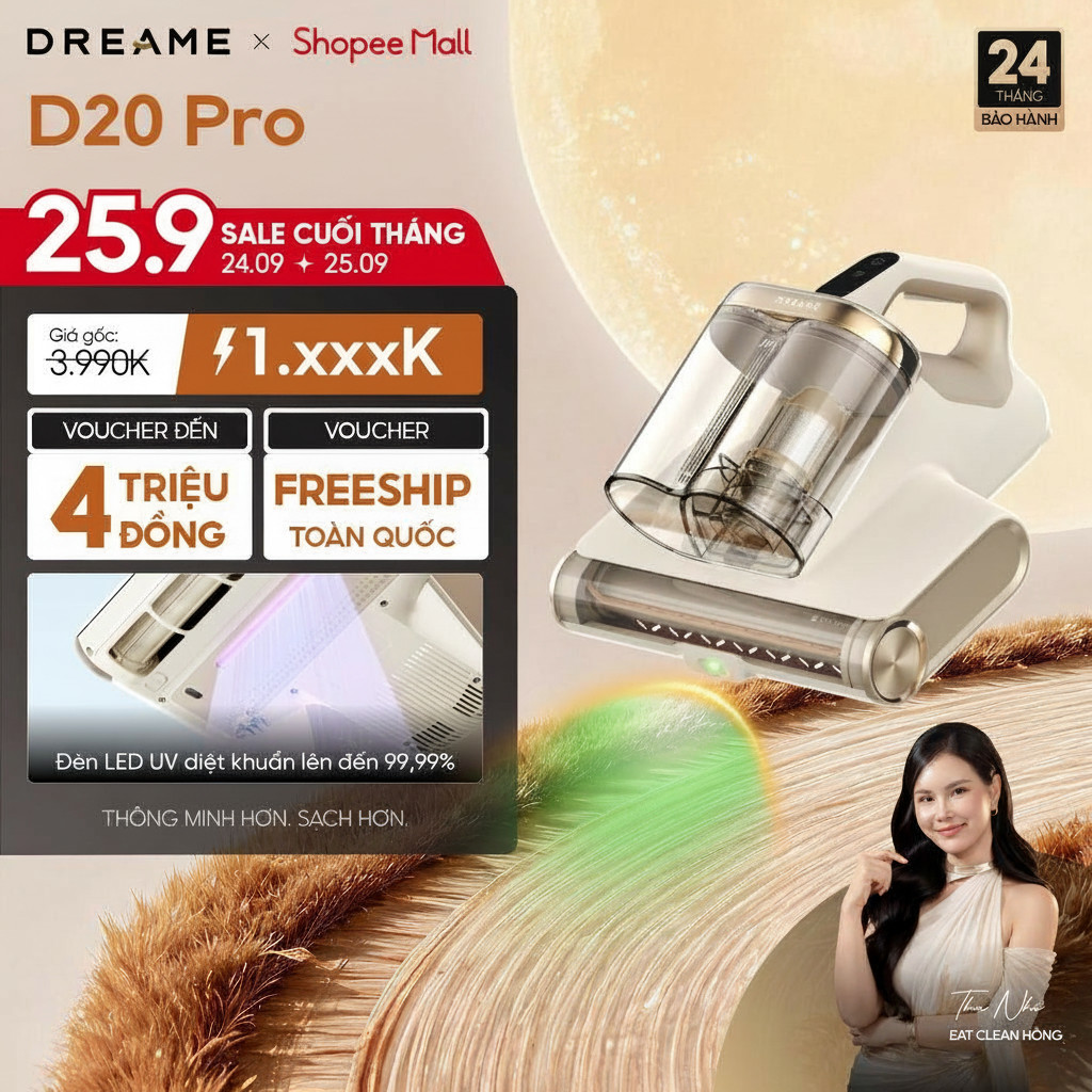 Dreame D20 Pro/ D20 Aura Máy hút bụi giường nệm | lực hút 15.500PA | Diệt khuẩn LED UV đến 99,99% | BH 24 tháng