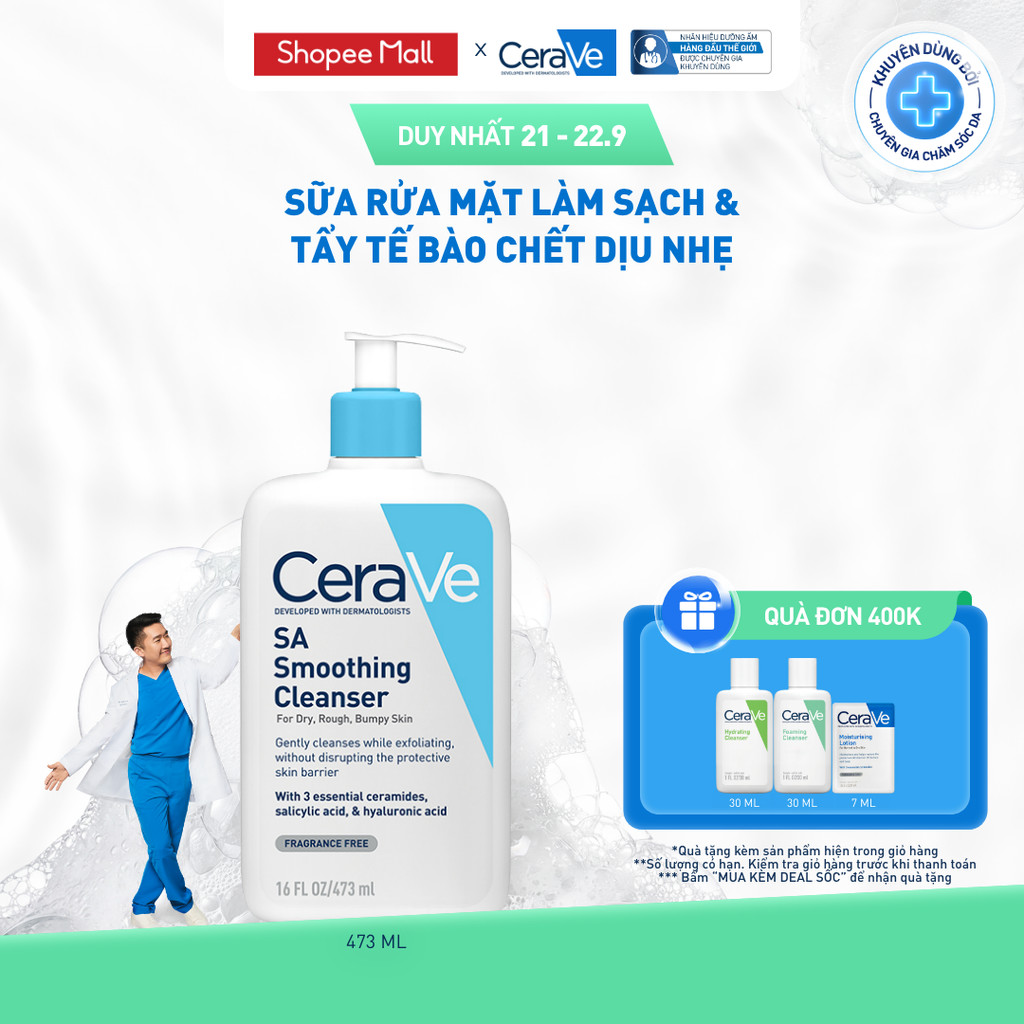 Sữa rửa mặt làm sạch da, loại bỏ dầu thừa và tẩy tế bào chết dịu nhẹ không gây khô da CeraVe SA Smoothing Cleanser 473ML