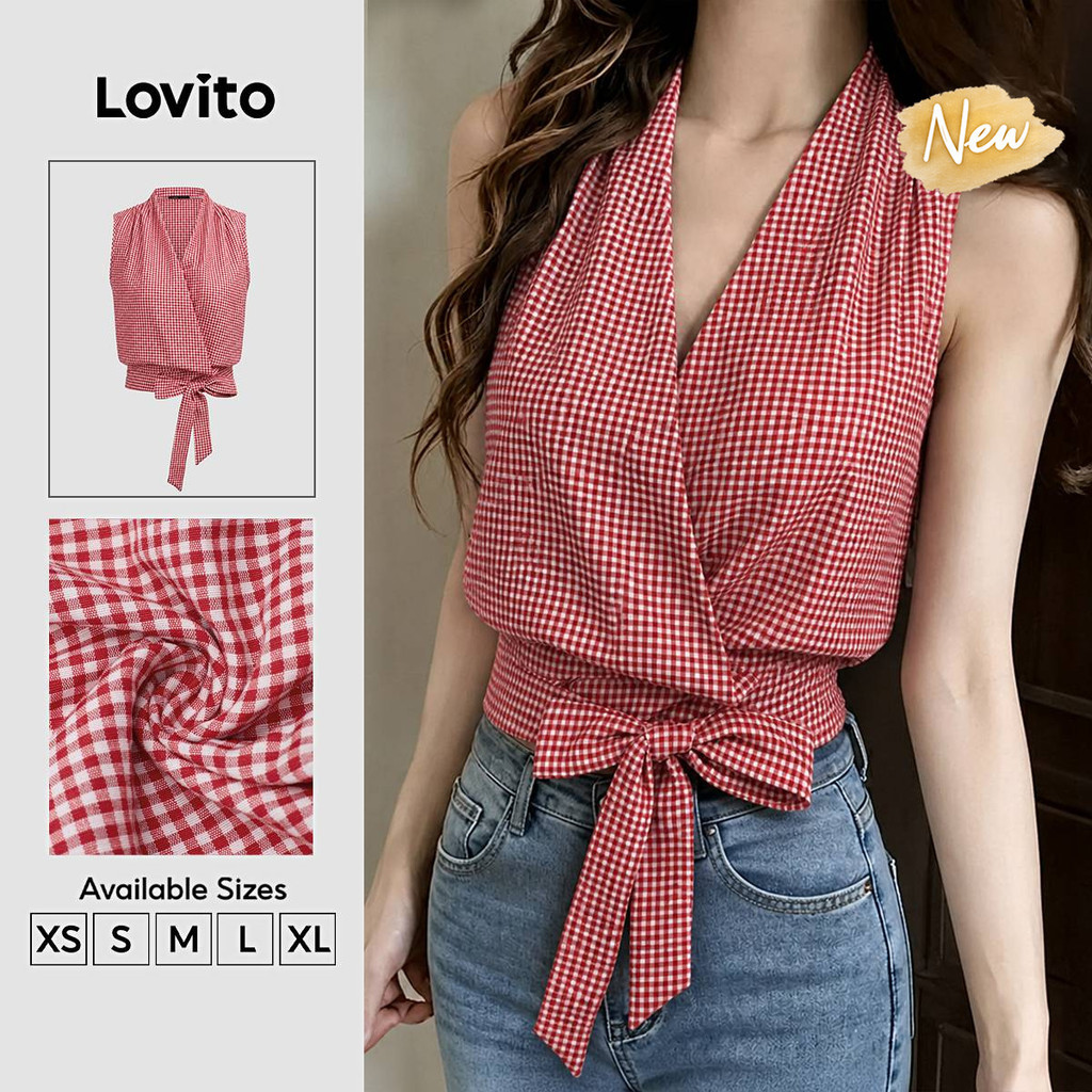 (New Arrival) Lovito Áo Kiểu Dáng Thường Ngày Thập Niên 90 Họa Tiết Hình Học Thắt Nơ Phía Trước Màu Đỏ Dành Cho Nữ Thích Hợp Cho Mùa Xuân/hè TKK9P1D802