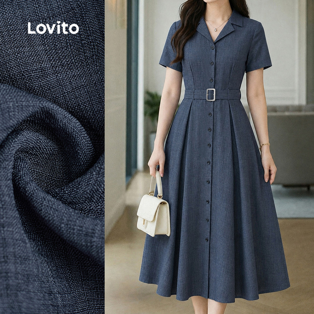 Lovito Đầm thường ngày nữ màu xám đen có thắt lưng cài nút xếp ly mùa xuân/hè DRBR37BR197