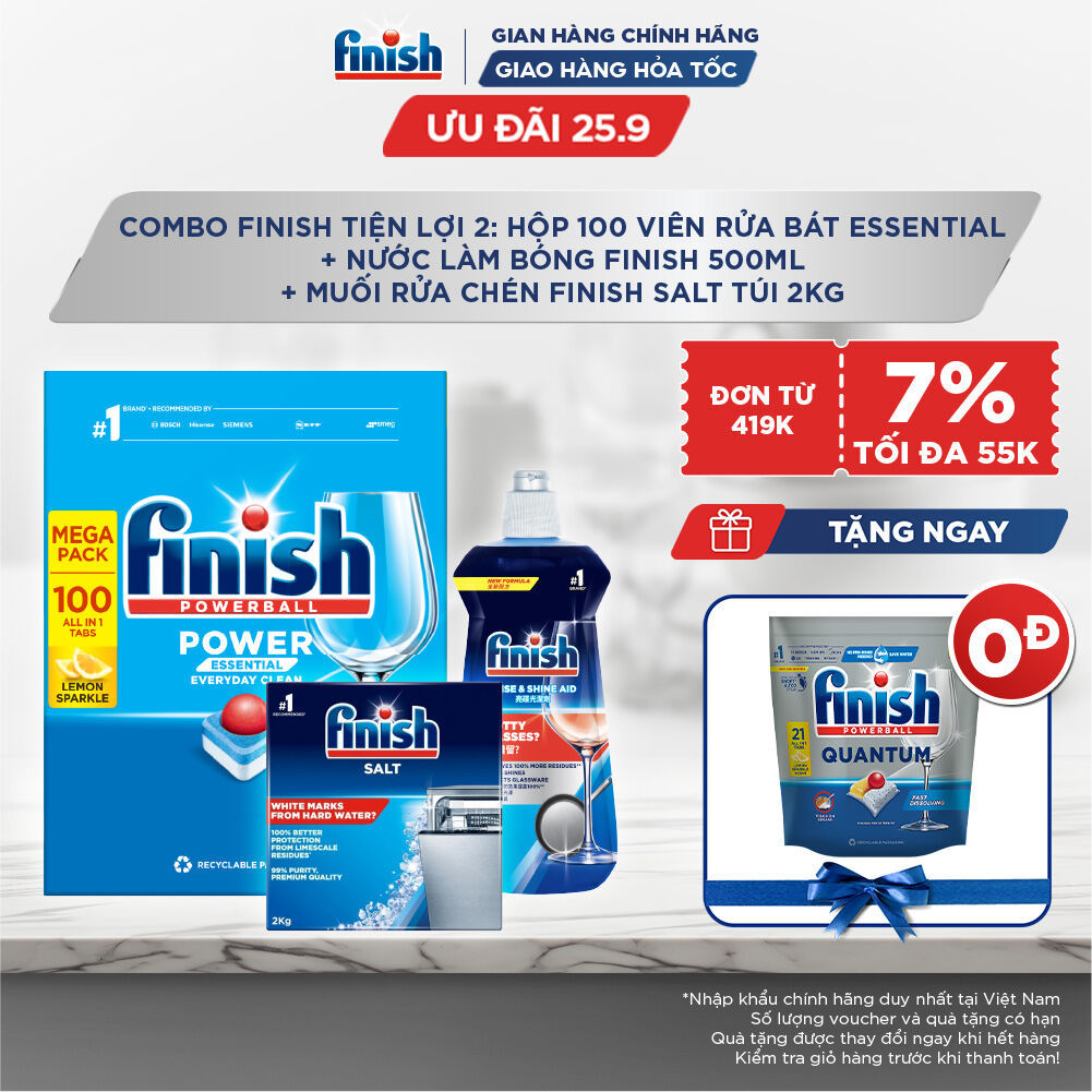 [25.9 Tặng Quantum 21 viên] Combo Finish tiện lợi: Hộp 100 Viên Rửa Bát Essential + Nước Bóng 500ml + Muối Rửa 1kg