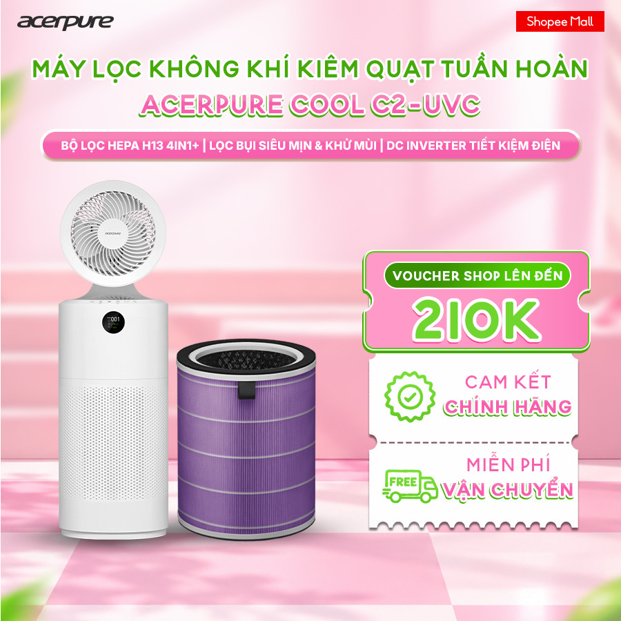 Máy lọc không khí Acerpure COOL C2-UVC 2in1 kiêm quạt tuần hoàn, lọc HEPA tia UVC 45m2 - BH 12 tháng