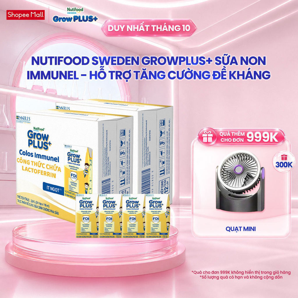 Combo 2 Thùng 24 hộp Sữa Bột Pha Sẵn Nutifood Sweden GrowPLUS+ Sữa Non Immunel hộp 110 ml (Bao bì tuỳ lô hàng)