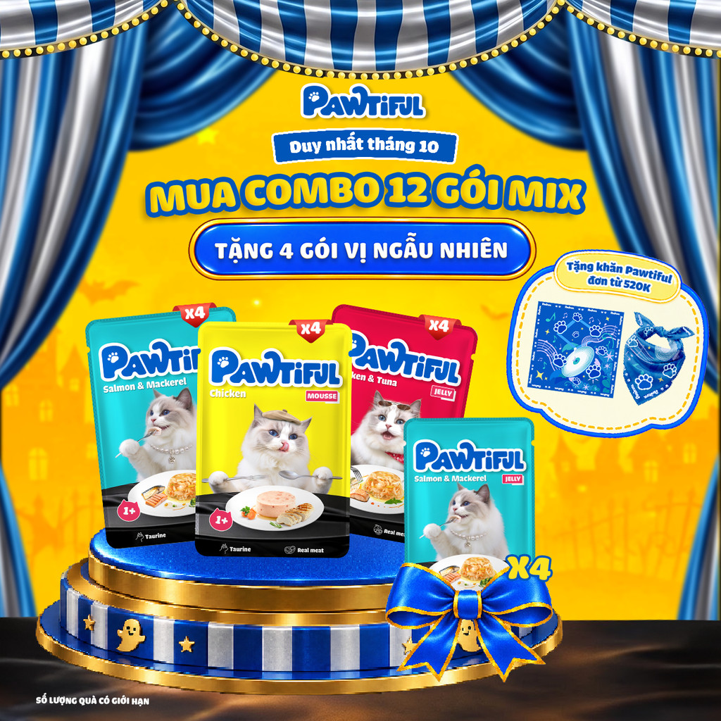 [MUA 12 TẶNG 4] Combo 12 túi Thức ăn cho mèo Pawtiful mix 3 vị Gà & Cá ngừ & Cá thu 70G x12