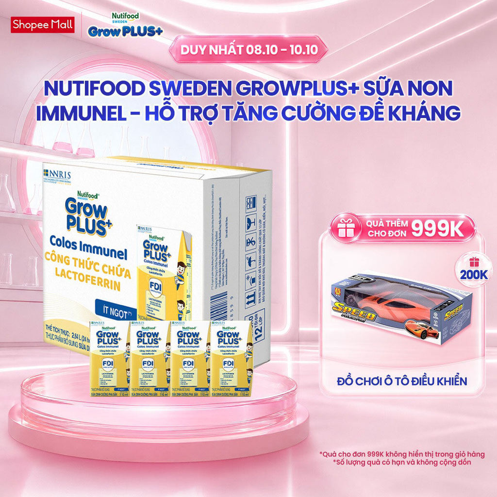 Thùng 24 hộp Sữa Bột Pha Sẵn Nutifood Sweden GrowPLUS+ Sữa Non Immunel (24 hộp x 110 ml) (Bao bì tuỳ lô hàng)