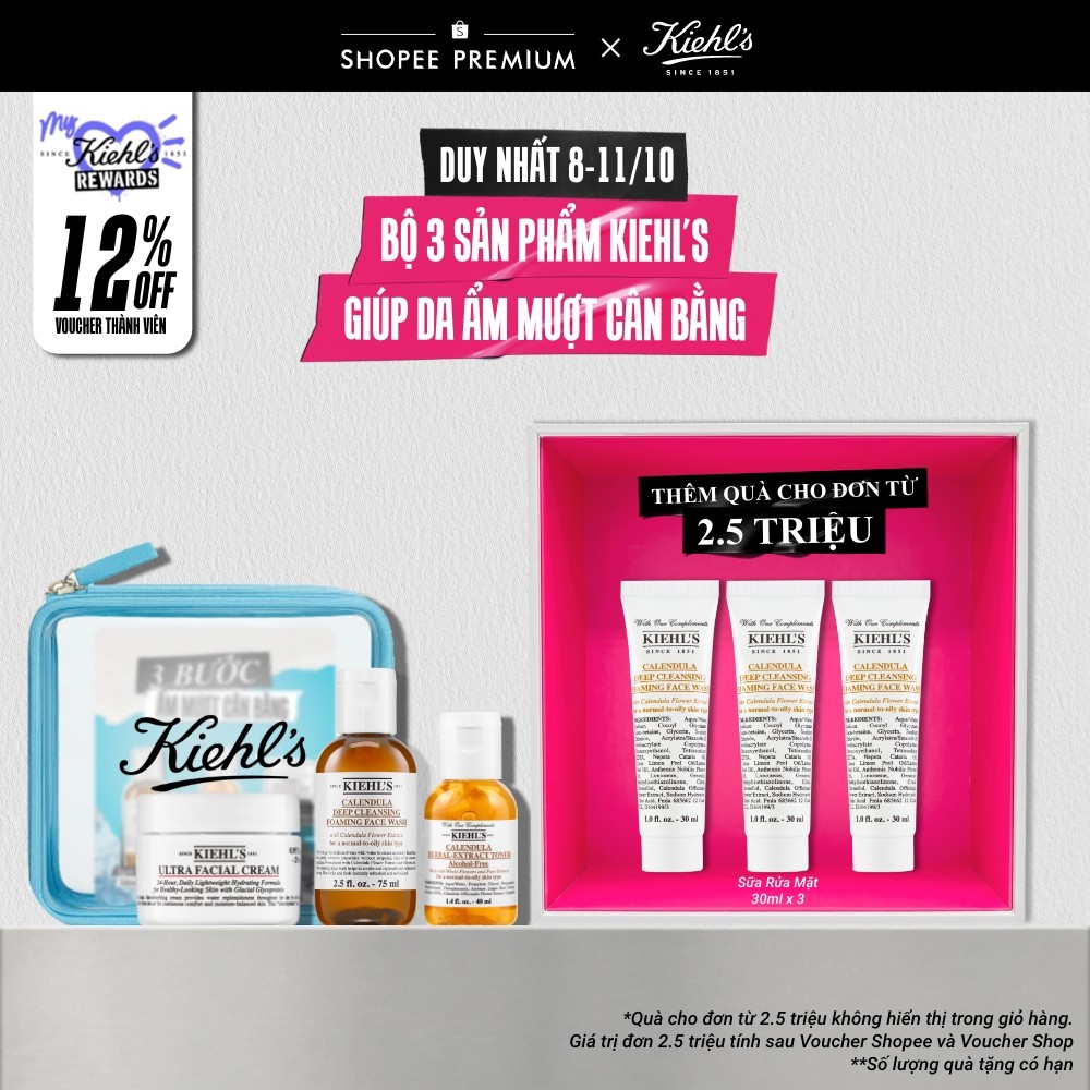 Bộ 3 sản phẩm giúp ẩm mượt cân bằng Kiehl's 3-Step Balanced Hydration Trial Set
