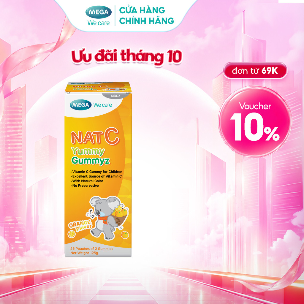 Kẹo dẻo vitamin C Mega We Care Nat C Yummy Gummyz (hương cam) giúp tăng đề kháng (Hộp 25 túi 2 viên) – TPBVSK