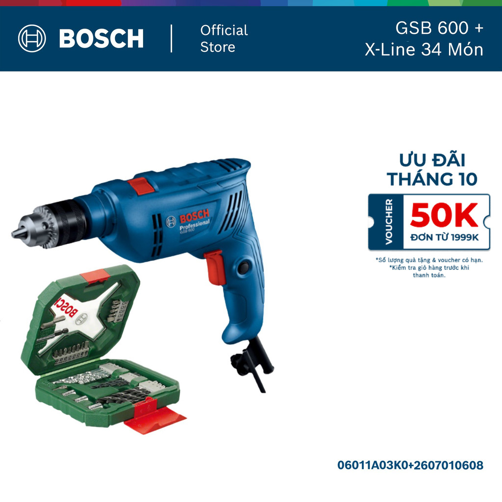 Máy khoan động lực GSB 600 + Tặng kèm 1 Bộ mũi khoan và vặn vít X-Line 34 món