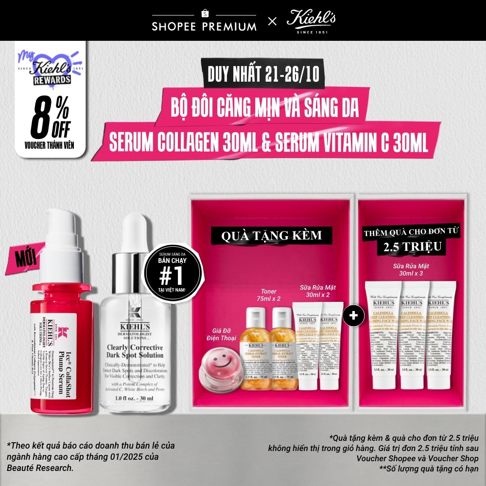 Bộ đôi tinh chất làm sáng và săn chắc da Serum Vitamin C Kiehl's 30ml & Collashot 1cc Plump Serum 30ml